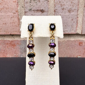 Vintage Monet Gold Tone Dangle Multi Color Rhinestone Pierced Earrings 1.5"